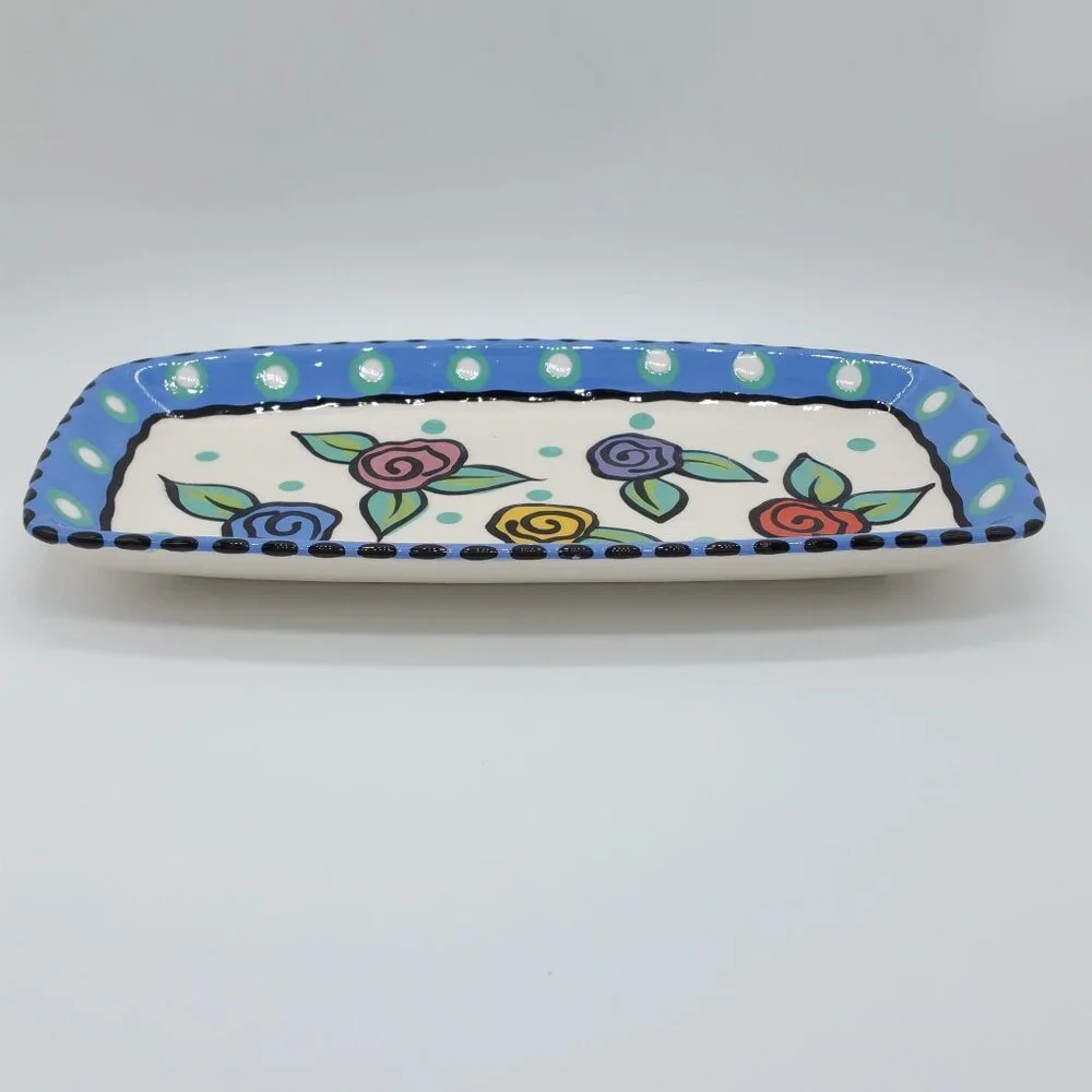 Chris Bubany Hand-Painted Art Pottery Ceramic Floral Platter Tray 10